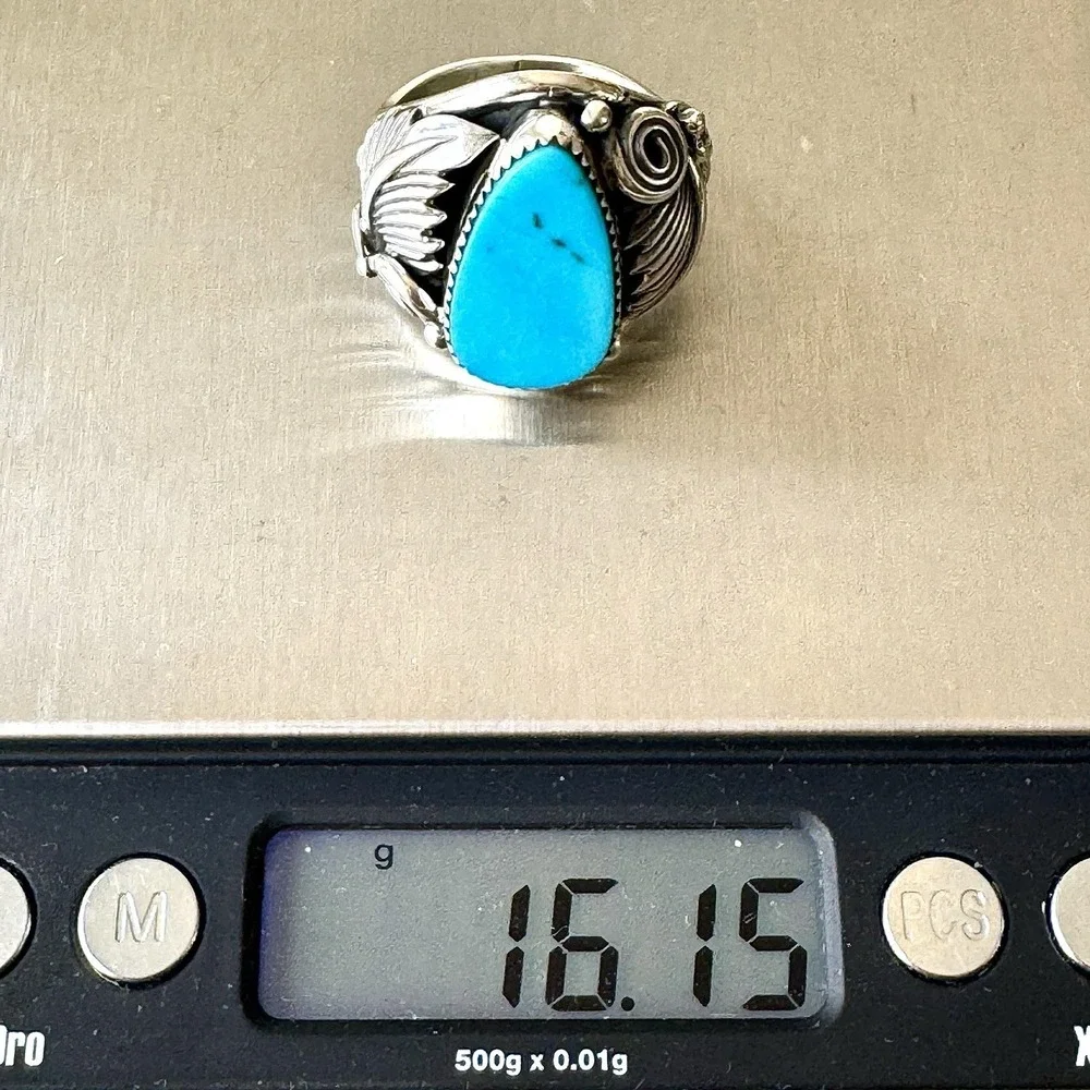 Navajo Turquoise Mens Ring Sz 12 Leaf Feather Signed Morgan Sterling Native Amer
